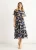 Marineblauwe midi-jurk met bloemenprint en uitlopende rok