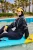 Zwarte, volledige dekking, bescheiden Burkini met mouwdetail