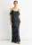 Marineblauwe maxi-jurk met col, afhangende mouwen en folieprint
