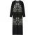 Zwarte midi-jurk met lange mouwen en artistieke monochrome print.