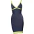 Herve Leger, blauwe bodycon jurk met limoen groene omlijsting in