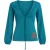 Diepe V-hals top in turquoise met strik aan de voorkant en geborduurde details.