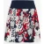 Geplooide A-lijn rok met bloemenprint en contrasterende marineblauwe tailleband.