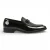 Marineblauwe loafers met textuur aan de voorkant en iconische gesp.