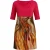Elegante jurk met watervalhals, een opvallend fuchsia bovenstuk en een artistieke, abstracte rok.